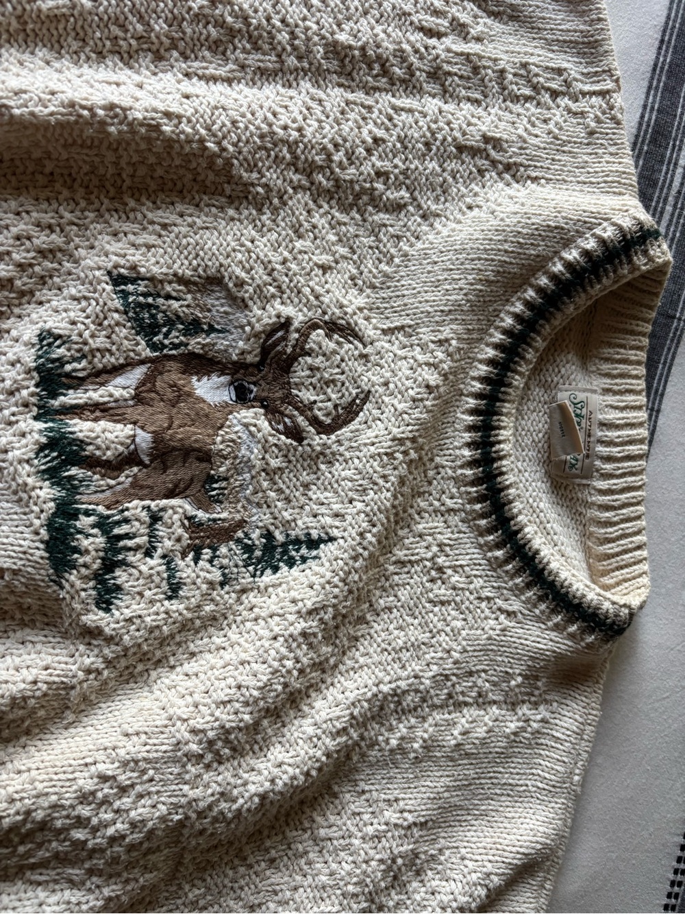 St. John's Bay Cream Cable-Knit Crewneck Sweater with Stag Motif - Picture 3 of 4